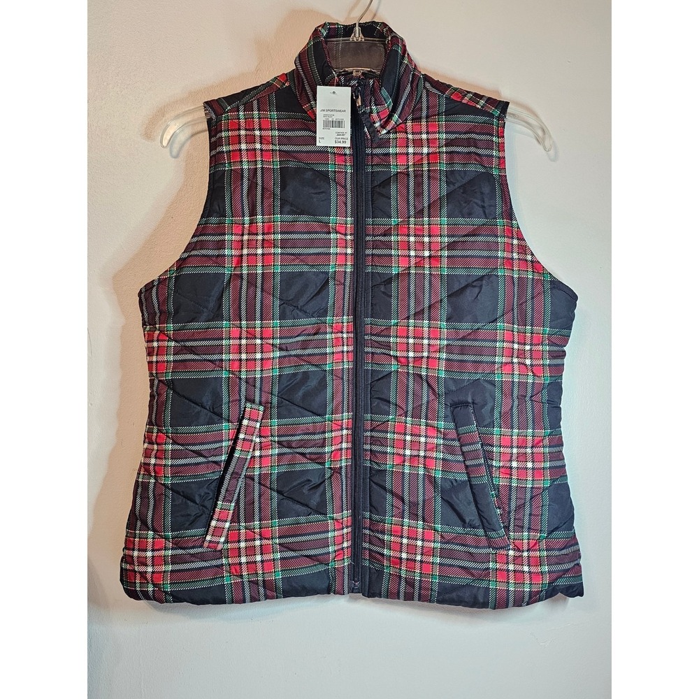NWT Cato Womens Red Green Plaid Quilted Puffer Vest Full Zip Sleeveless Jacket L